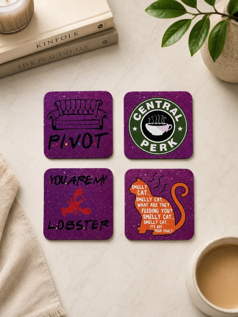 Friends TV Show Inspired Purple Glitter Neoprene Coasters – Set of 4